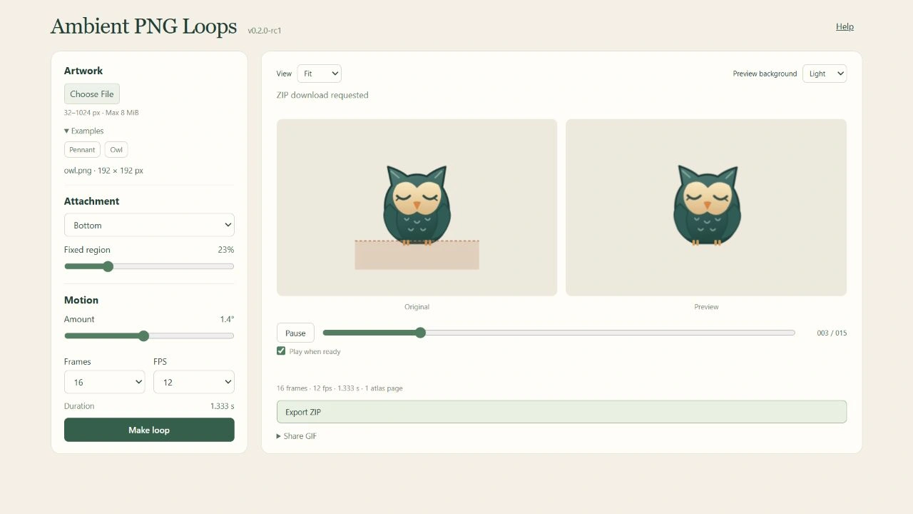 Ambient PNG Loops application with an owl sample and animation controls